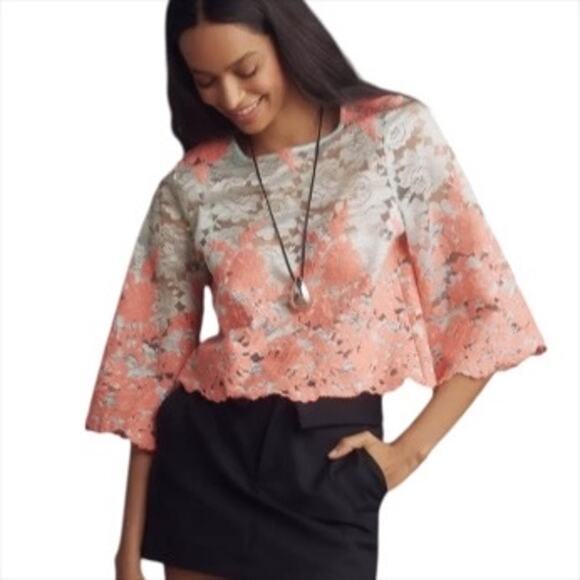 Anthropologie Eva Franco Lacey Crop Bell Sleeve Top Size Small Coral and Mint - Picture 1 of 8